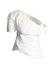 Solid Color Asymmetric Loose Pleated One-Shoulder T-shirt Top + High Waisted Zipper Pants Bottom Two Pieces Set
