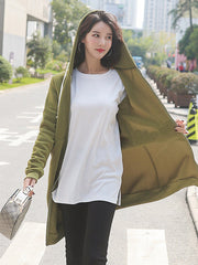 4Colors Drawstring Hooded Split-Joint Pocket Solid Color Zipper Outerwear