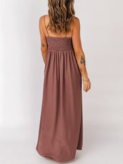 Elasticity Pleated Solid Color A-Line Loose Spaghetti-Neck Maxi Dresses