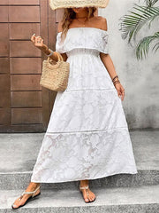 Elasticity Flower Print See-Through Solid Color Split-Joint A-line Loose Off-the-shoulder Midi Dresses