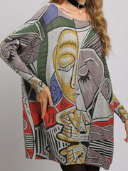 Figure Printed Long Sleeves Loose Boat Neck Knitwear