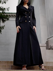 Solid Color Buttoned Split-Back A-Line Bodycon Lapel Collar Maxi Dresses Outerwear