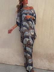 Contrast Color Pleated Printed Batwing Sleeves Maxi Dresses