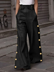 Belted Buttoned Solid Color Loose Wide Leg Trousers Casual Pants Bottoms
