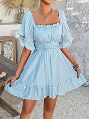 Elasticity Pleated Ruffle Trim Solid Color A-line High Waisted Square-neck Mini Dresses