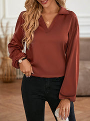 Backless Elasticity Hollow Knot Solid Color High-low Long Sleeves V-neck T-Shirts Tops