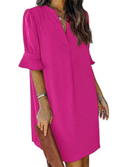 Pleated Ruffled Solid Color Split-Joint A-Line Flared Sleeves V-Neck Mini Dresses