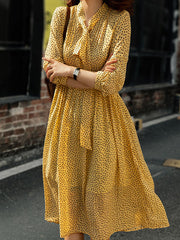 Polka-Dot Tied A-Line High Waisted Mock Neck Midi Dresses