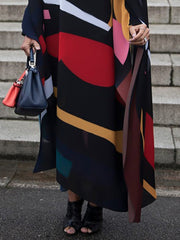 Batwing Sleeves Loose Contrast Color Printed Split-Joint High Neck Maxi Dresses