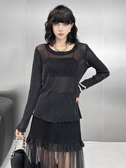 See-Through Shiny Long Sleeves Loose Round-Neck T-Shirts Tops