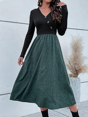 Asymmetric Buttoned Leopard Split-Joint High Waisted Long Sleeves V-Neck Midi Dresses