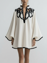 Flared Sleeves Loose Contrast Color Hollow Stand Collar Mini Dresses