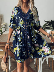 Flower Print Hollow Loose Short Sleeves V-Neck Mini Dresses Cover-Up