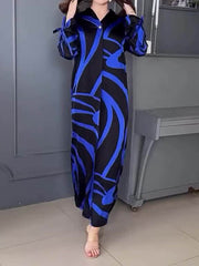 Contrast Color A-line Long Sleeves V-neck Shirt Dress Maxi Dresses