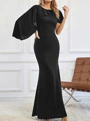 Asymmetric Ruffle Trim Solid Color Split-Front Split-Joint A-Line Bodycon Round-Neck Maxi Dresses