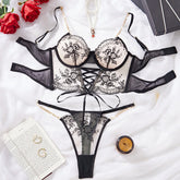2 Pieces Western Chain Flower Embroidery Bra Cross Straps Designs Erotic Seductive Underwears Clothing Lingerie Set