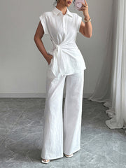 Lapel Short Sleeves Buttoned Solid Color Tied T-shirt Top + Pockets Pants Bottom Two Pieces Set