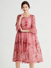 Original Artistic Retro Loose Lace Embroidered Pleated Midi Dress