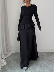 Ruffle Trim Solid Color Split-Joint A-Line High Waisted Round-Neck Maxi Dresses