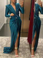 Solid Color Bodycon Long Sleeves Pleated Split-Front Tied Waist Deep V-Neck Maxi Dresses