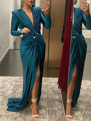Solid Color Bodycon Long Sleeves Pleated Split-Front Tied Waist Deep V-Neck Maxi Dresses