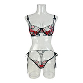 2026 Western Mesh Lips Embroidery Lace Up Bra Thongs Pure Erotic Seductive Underwears Lingerie Set