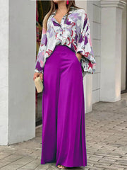Original Contrast Color Blouse&Solid Wide Legs Pants 2 Pieces Set
