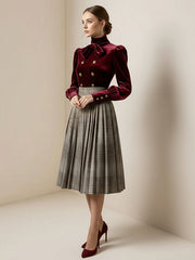 Long Sleeves Puff Sleeves Bow-Embellished Buttoned Contrast Color Pleated Split-Joint High Neck Blouses&Shirts Tops