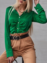 Pleated Solid Color Long Sleeves Lapel Blouses&shirts Tops