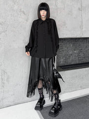 Buttoned Falbala Ruffled Solid Color Split-Joint Hipster Long Sleeves Lapel Blouses&shirts Tops
