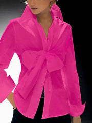 Long Sleeves Bow-Embellished Buttoned Solid Color Lapel Blouses&Shirts Tops