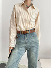 Split-Joint Striped Long Sleeves Loose Lapel Blouses