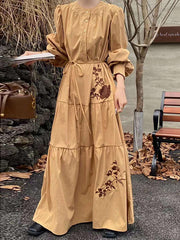 Buttoned Embroidered Pleated Pockets Split-Joint Tied Waist High Waisted Long Sleeves Round-Neck Maxi Dresses