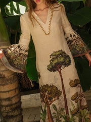 Leaves Print Flared Sleeves Loose V-neck Maxi Dresses