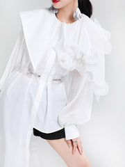 Asymmetric Pleated Solid Color Split-Joint Falbala Long Sleeves Loose Lapel Blouses&shirts Tops