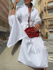 Pleated Solid Color Split-Joint Tied Waist Loose Puff Sleeves Lapel Shirt Dress Midi Dresses