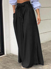 Pockets Solid Color Tied Waist Loose Wide Leg Jean Pants Bottoms