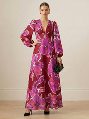 Contrast Color Flower Print Hollow Split-Joint Twist Elasticated Waist Long Sleeves Deep V-Neck Maxi Dresses