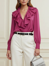 Ruffle Trim Solid Color Long Sleeves Loose V-Neck Blouses&Shirts Tops