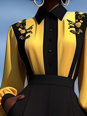 Buttoned Contrast Color Flower Print Split-Joint Long Sleeves Loose Lapel Blouses&Shirts Tops