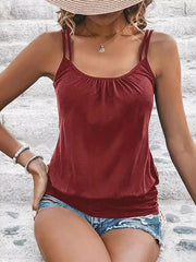 Pleated Solid Color Loose Sleeveless Spaghetti-Neck Vest Top