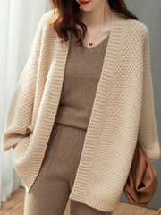 Solid Color Long Sleeves Loose Collarless Cardigan Tops