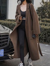 Pockets Solid Color Tied Waist Long Sleeves Loose Notched Collar Cardigan Coats