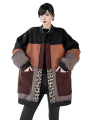 Buttoned Contrast Color Reversible Split-Joint Long Sleeves Loose Round-Neck Outerwear Cardigan Tops