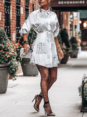 Buttoned High-Waisted Letter Print Half Sleeves Loose Lapel Shirt Dress Mini Dresses
