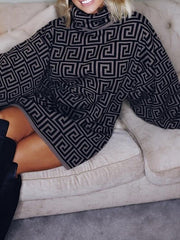 Jacquard Printed Flared Sleeves Long Sleeves High Neck Sweater Dresses Mini Dresses