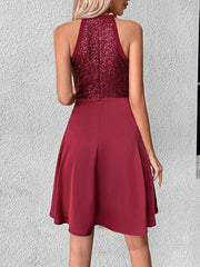 Sequined Solid Color Split-Joint Zipper Sleeveless Round-neck Mini Dresses