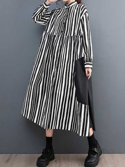Buttoned Split-Joint Striped Long Sleeves Loose Mock Neck Midi Dresses