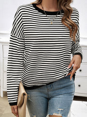 Split-Joint Striped Long Sleeves Loose Round-Neck Sweater Tops Pullovers