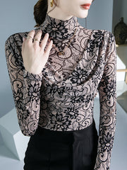 Flower Print Pleated Long Sleeves Mock Neck T-Shirts Tops